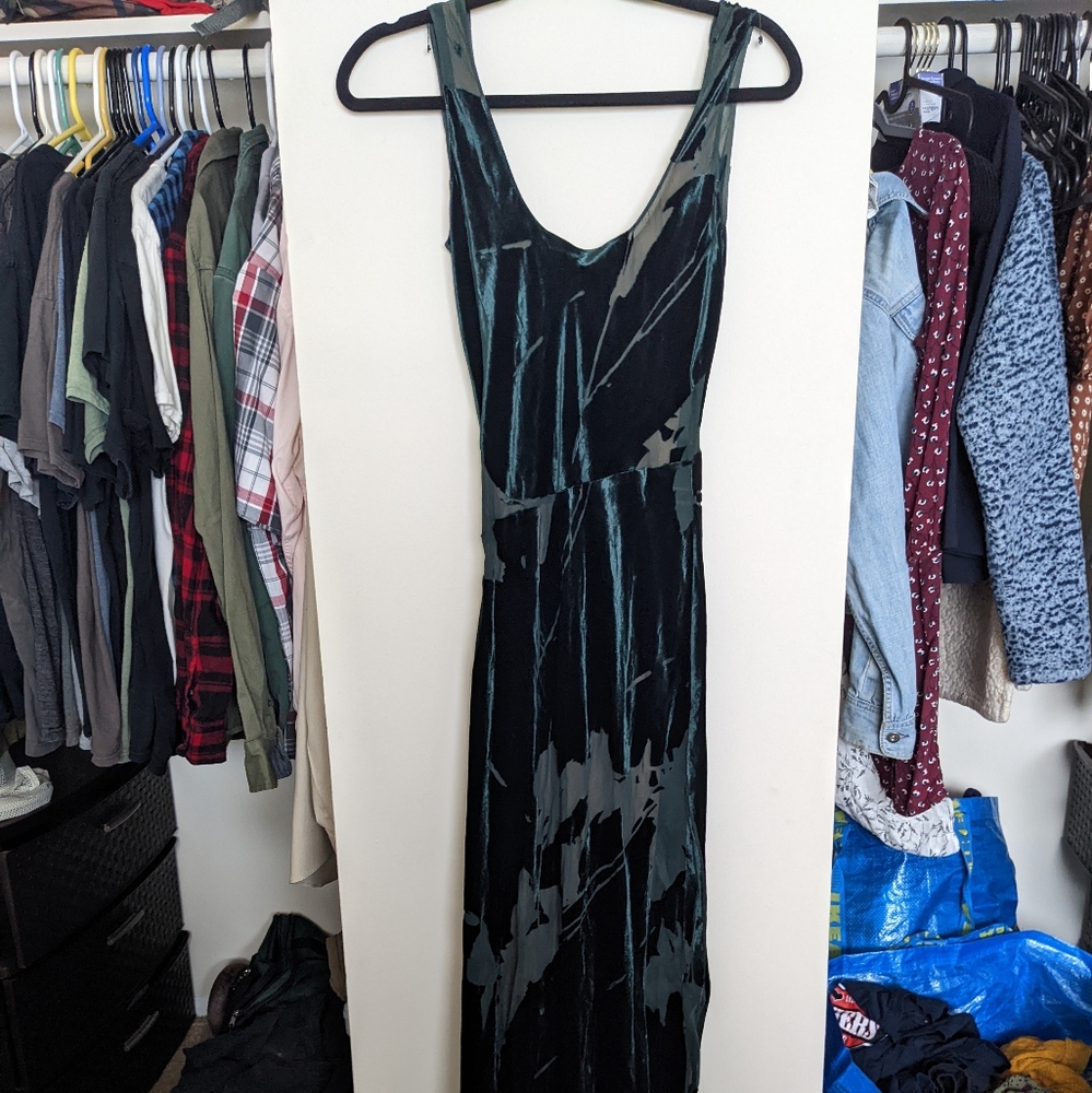 VINTAGE Crushed Green Velvet Calvin Klein 90s Floor Length Mesh Panel Tank Dress